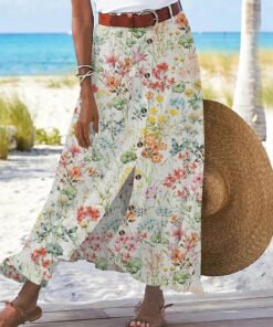 Women's Floral Printed Graphic Straight Fashion Split Button Maxi High Waist Skirt