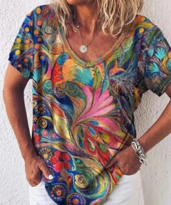 Women's Colorful Abstract Art Print V-Neck Short Sleeve Top