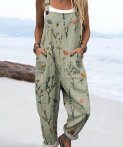 Women's Vintage Floral Art Print Casual Wide Leg Jumpsuit