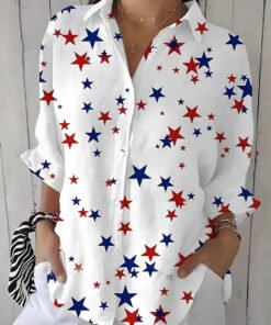 Red Blue Star Print Roll Sleeve Button Shirt