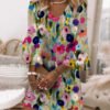 Women's Colorful Floral V Neck 3/4 Sleeve Mini Dress
