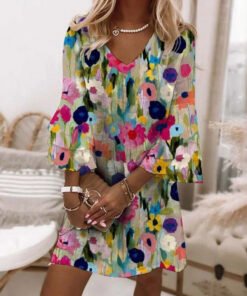 Women's Colorful Floral V Neck 3/4 Sleeve Mini Dress