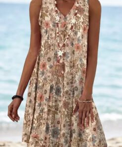 Women's Vintage Floral Sleeveless V-Neck A-Line Summer Dress