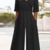 Black Plain Half Sleeve Side Pocket Jumpsuit