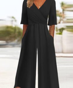 Black Plain Half Sleeve Side Pocket Jumpsuit